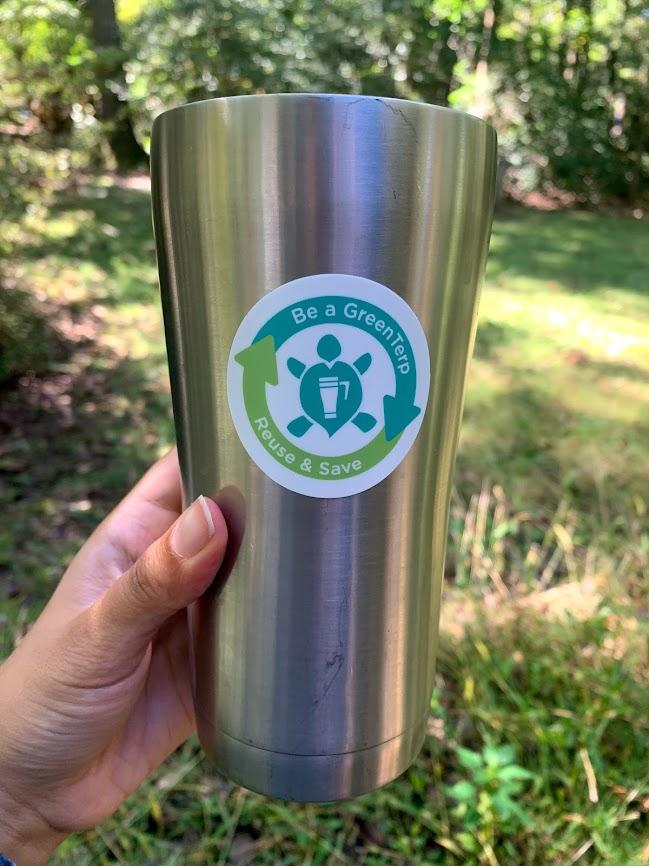 Reusable coffee mug with Reuse and Save turtle sticker